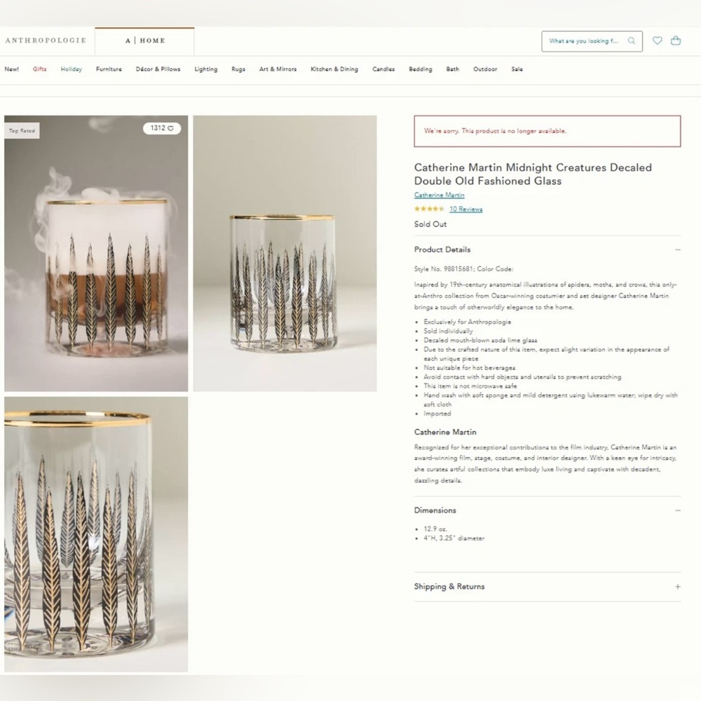 Anthropologie Catherine Martin Midnight Creatures Whiskey Glass - Set of 4. New! - Picture 6 of 7